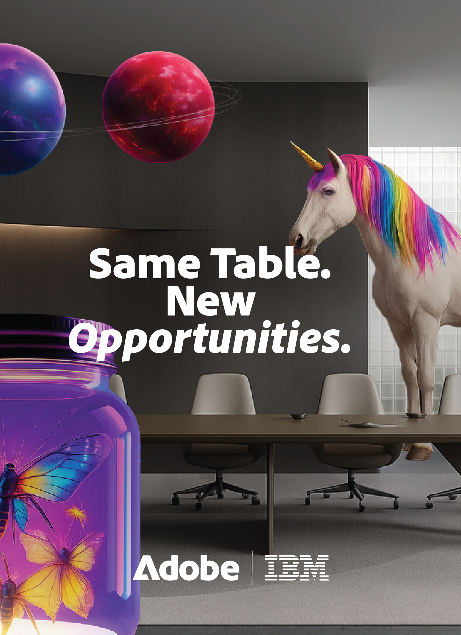 The transformed boardroom with a unicorn, planets and a glowing jar