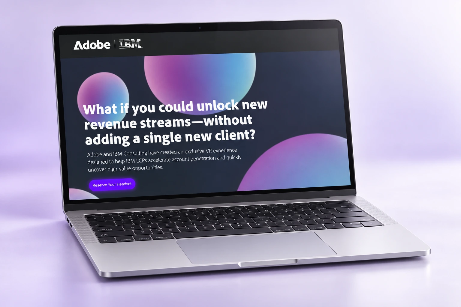 Laptop mockup of the Adobe and IBM registration site with a Reserve Your Headset button