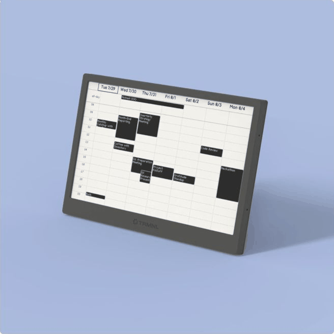 TRMNL display cycling through calendar, campaign, weather, and task-list screen concepts.